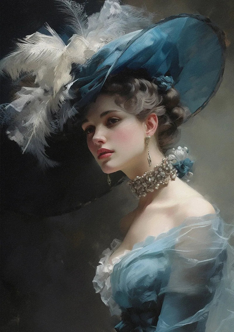 A portrait of a woman wearing a large blue hat adorned with white feathers and a sheer blue dress.