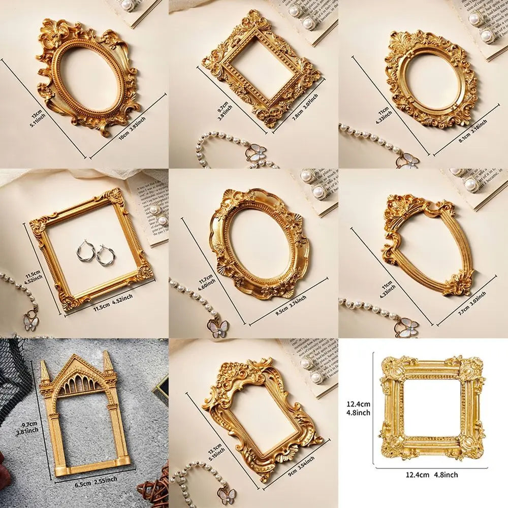 A collection of vintage gold DIY shadow box frames and decorative gold metal frames for memory display.