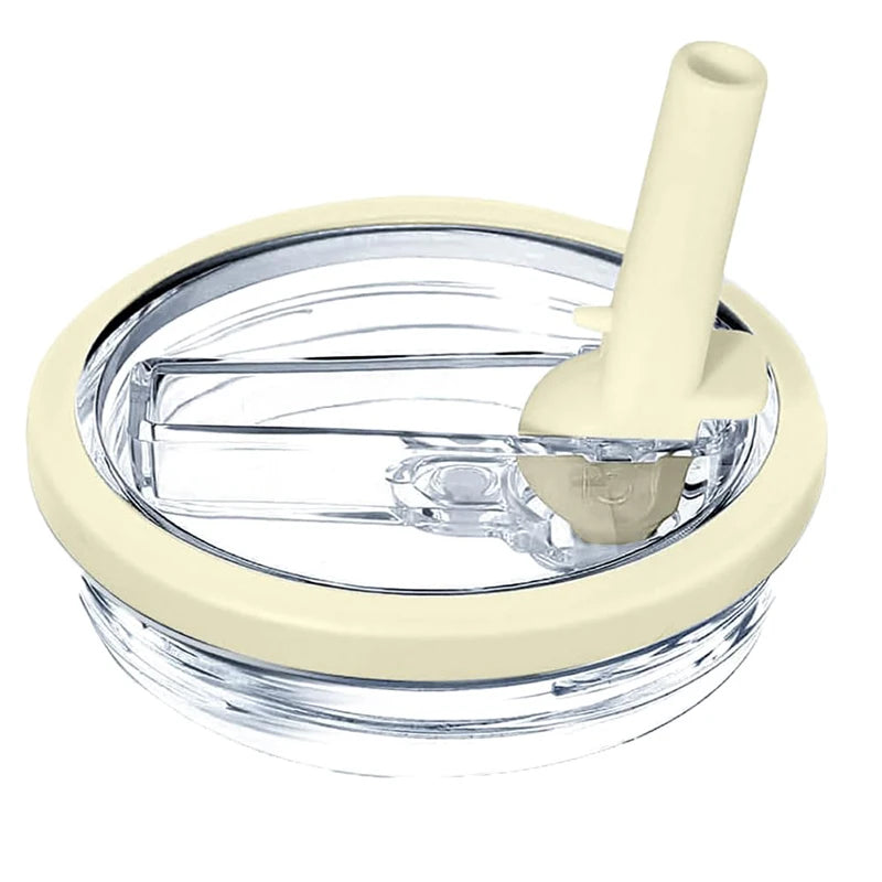 Clear glass tumbler lid with a light beige silicone replacement cover and a white straw attachment.