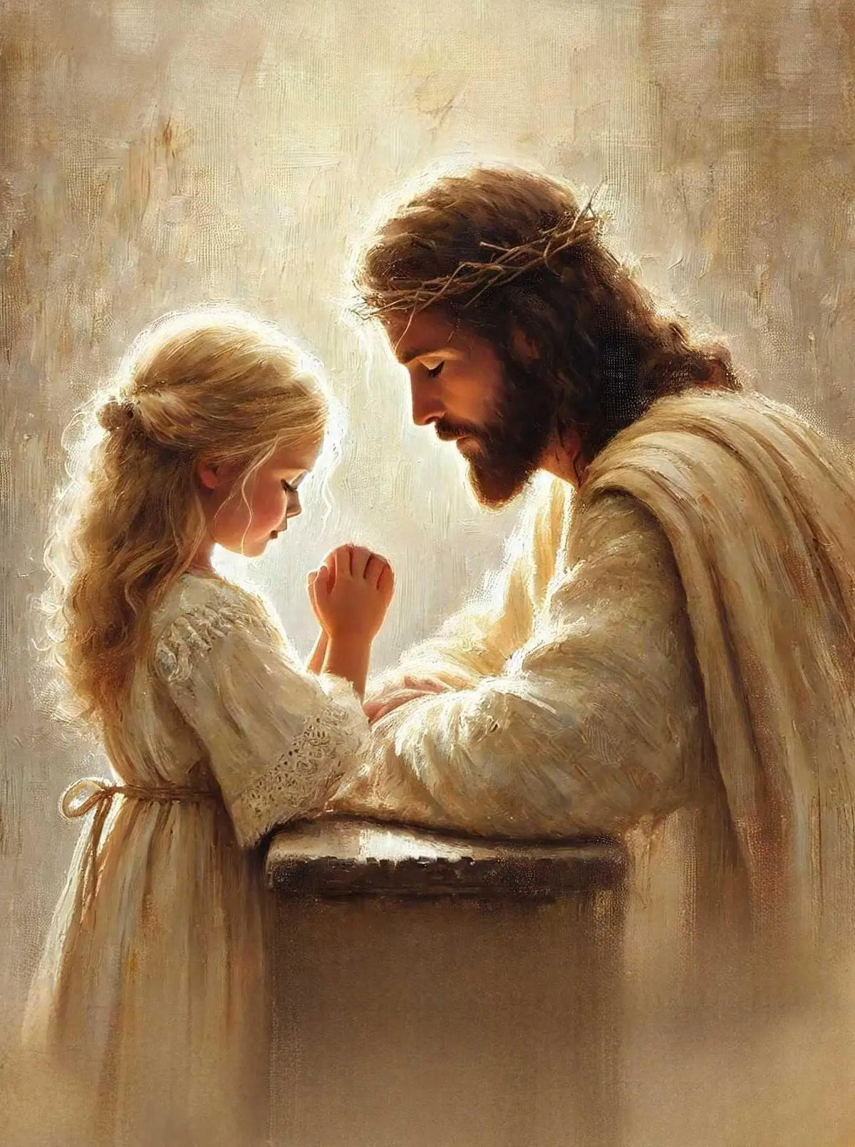 A painting depicting Jesus and a young woman in a tender moment, rendered in warm, soft light.