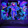 A vibrant tapestry featuring an astronaut in a futuristic suit surrounded by glowing, psychedelic alien flora and cosmic elem
