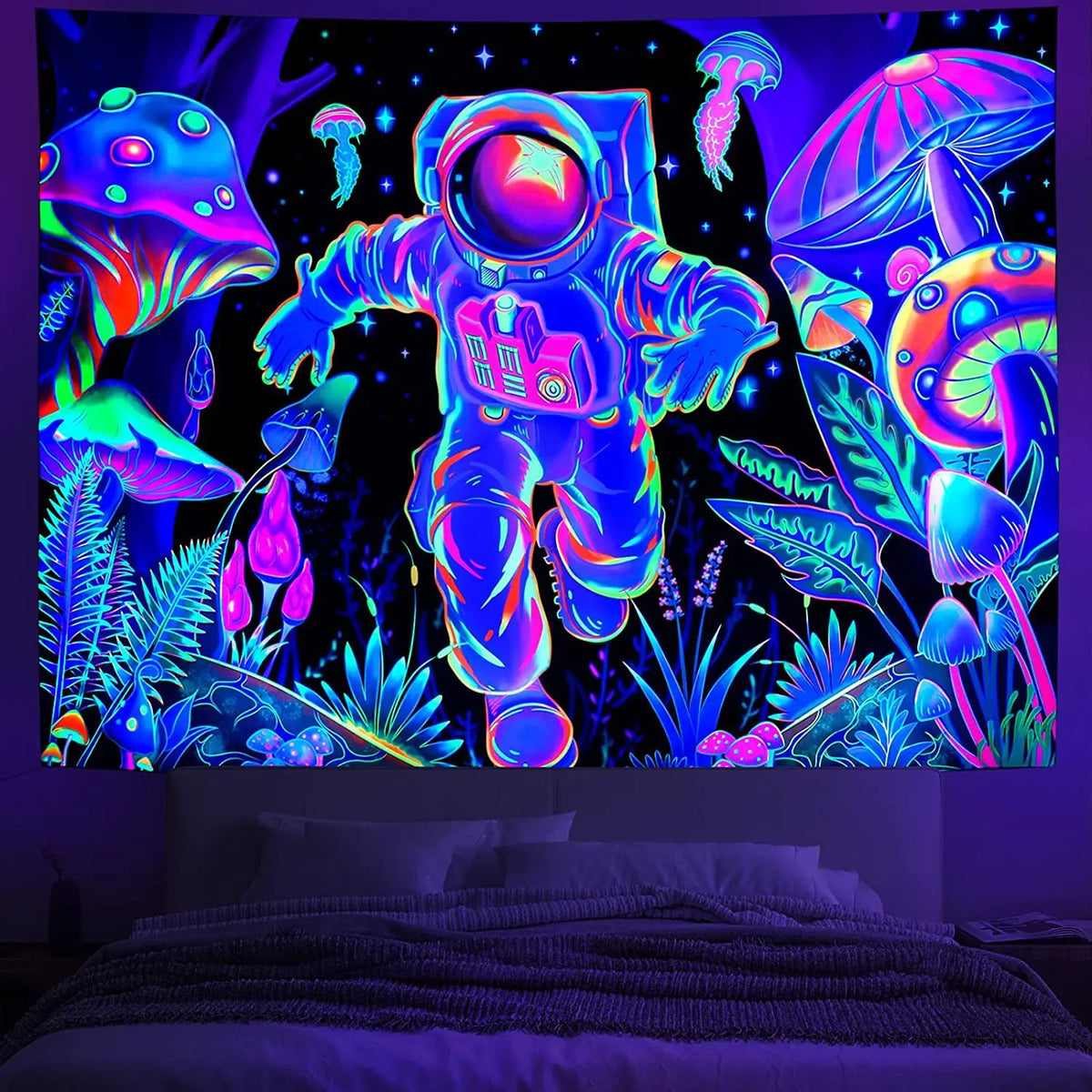 A vibrant tapestry featuring an astronaut in a futuristic suit surrounded by glowing, psychedelic alien flora and cosmic elem