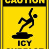 Yellow caution sign warning of an icy surface with a silhouette of a person falling.