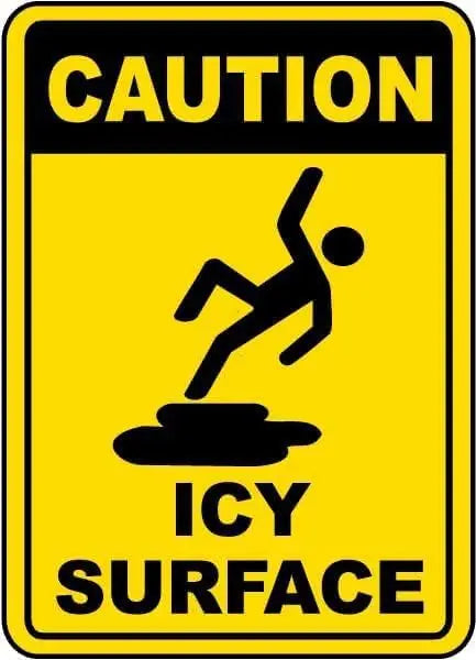 Yellow caution sign warning of an icy surface with a silhouette of a person falling.