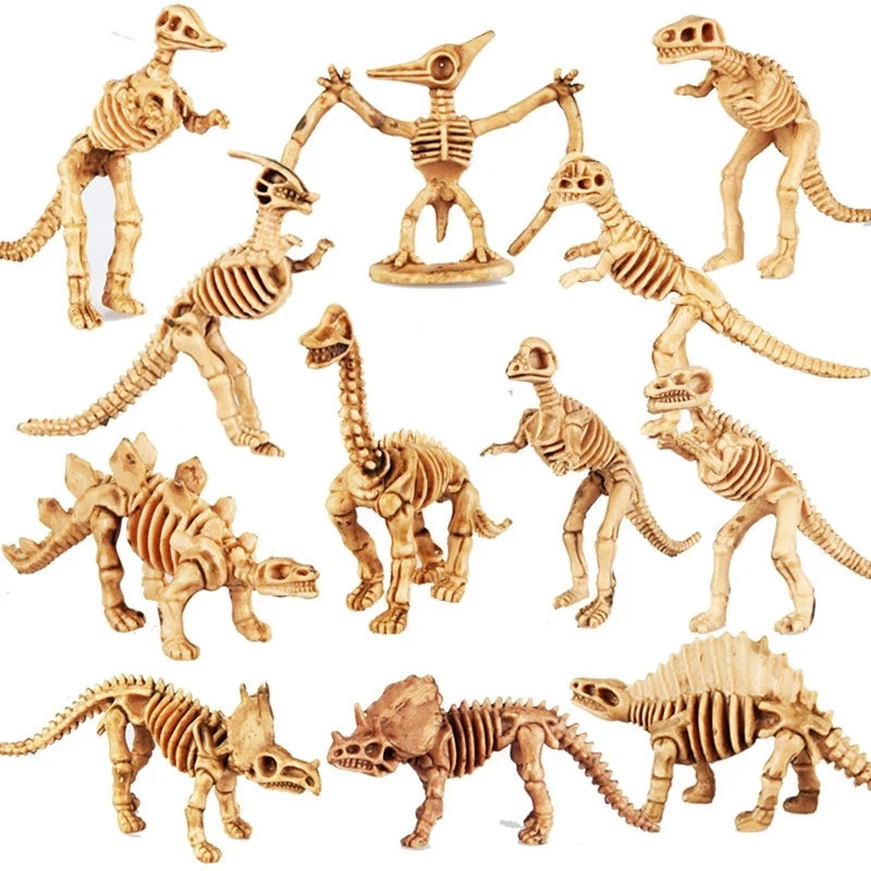 A collection of twelve prehistoric dinosaur skeletons for a build and dig playset.
