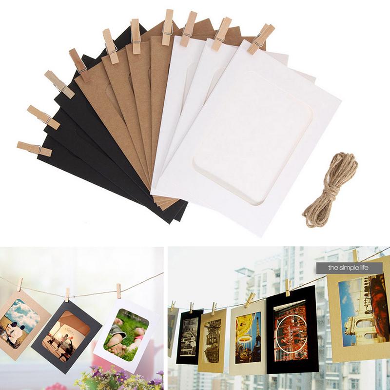 Un juego de marcos para fotos DIY en varios colores, incluyendo negro, caqui y blanco, con clips de madera y cuerda para colg