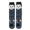 Pair of dark blue crew socks featuring a graphic print of a skull, alien, and tiger face.