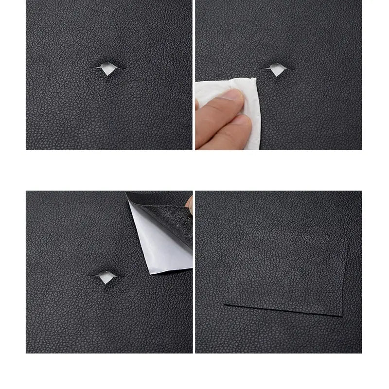 Close-up images showing self-adhesive PU leather furniture repair patches being applied to a dark surface.