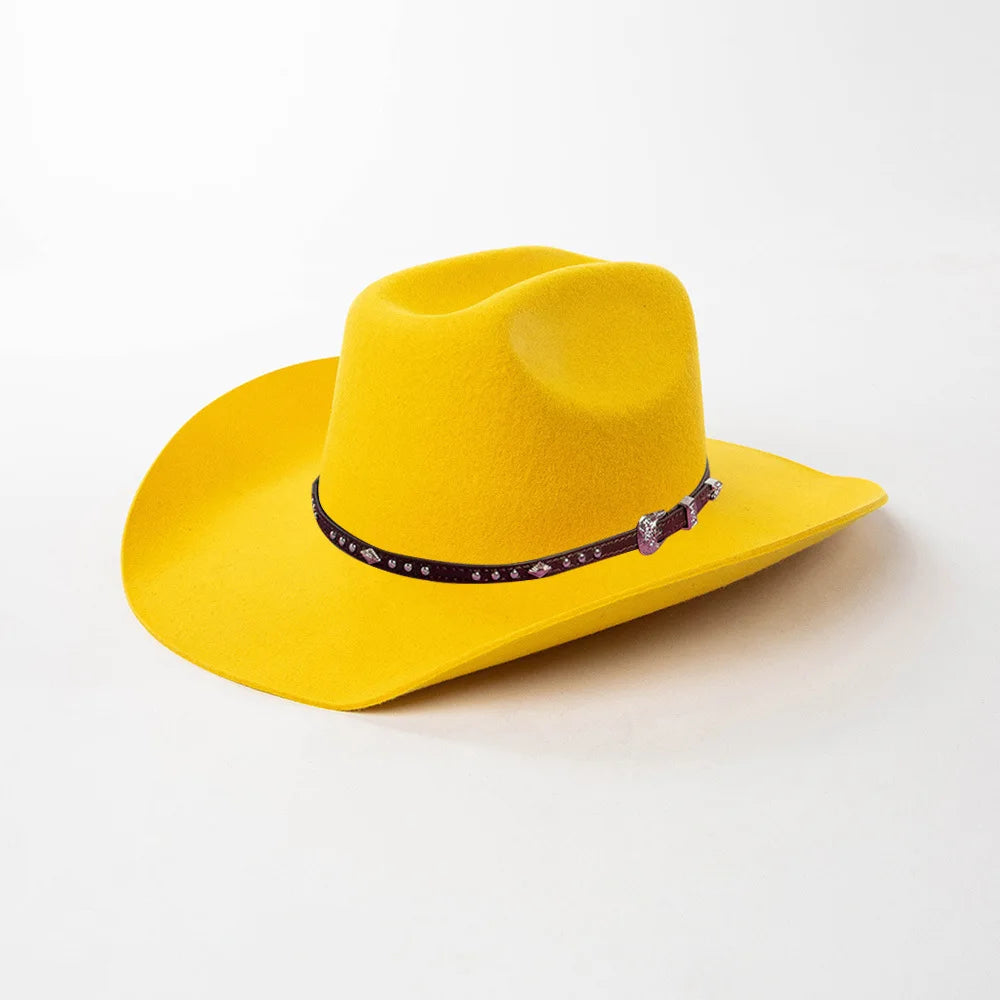 A bright yellow classic wool cowboy hat with a studded leather band.