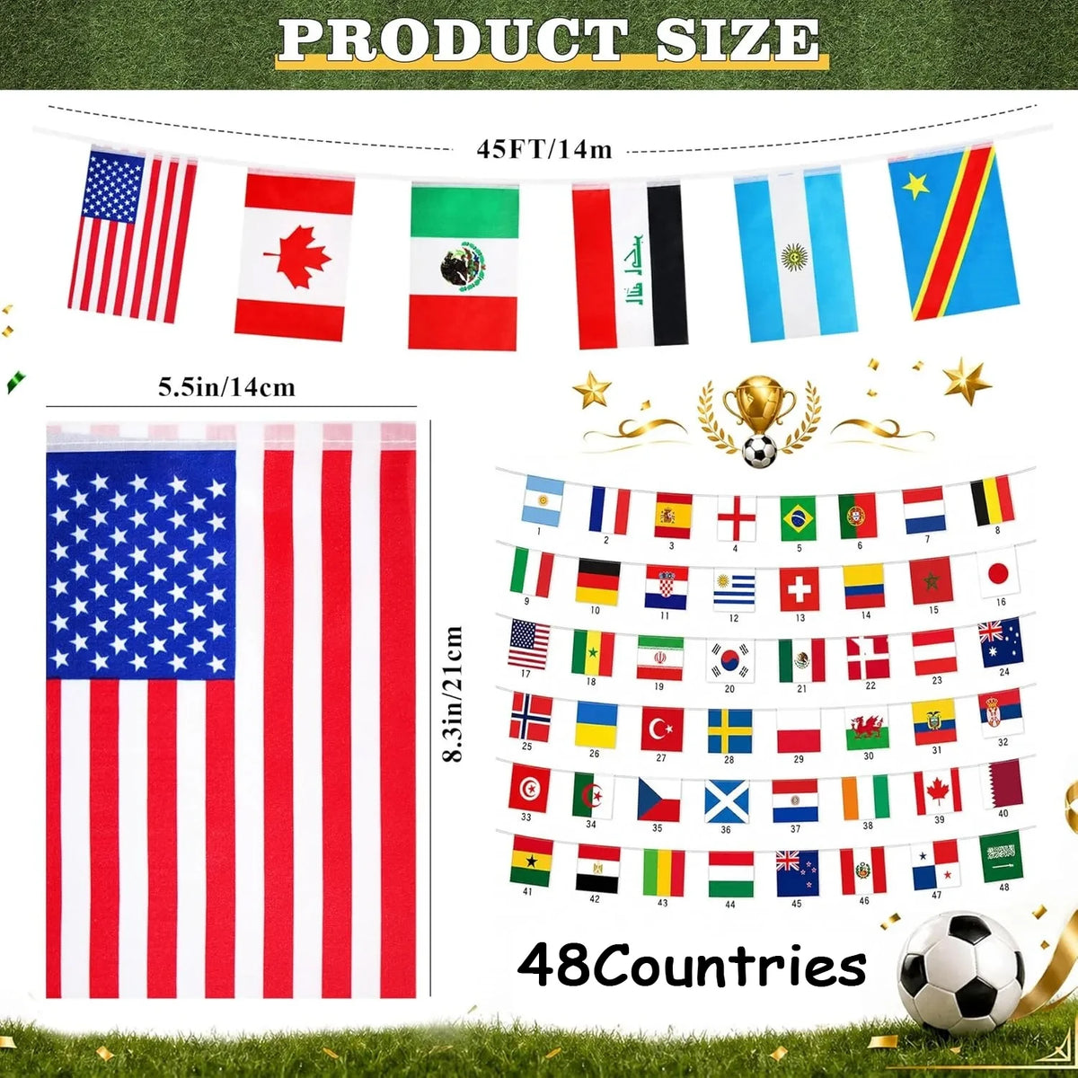 A banner displaying 48 international country flags strung across a green field.