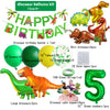 Dinosaur balloons kit featuring a banner, foil balloons in various colors, and a dinosaur cake topper.