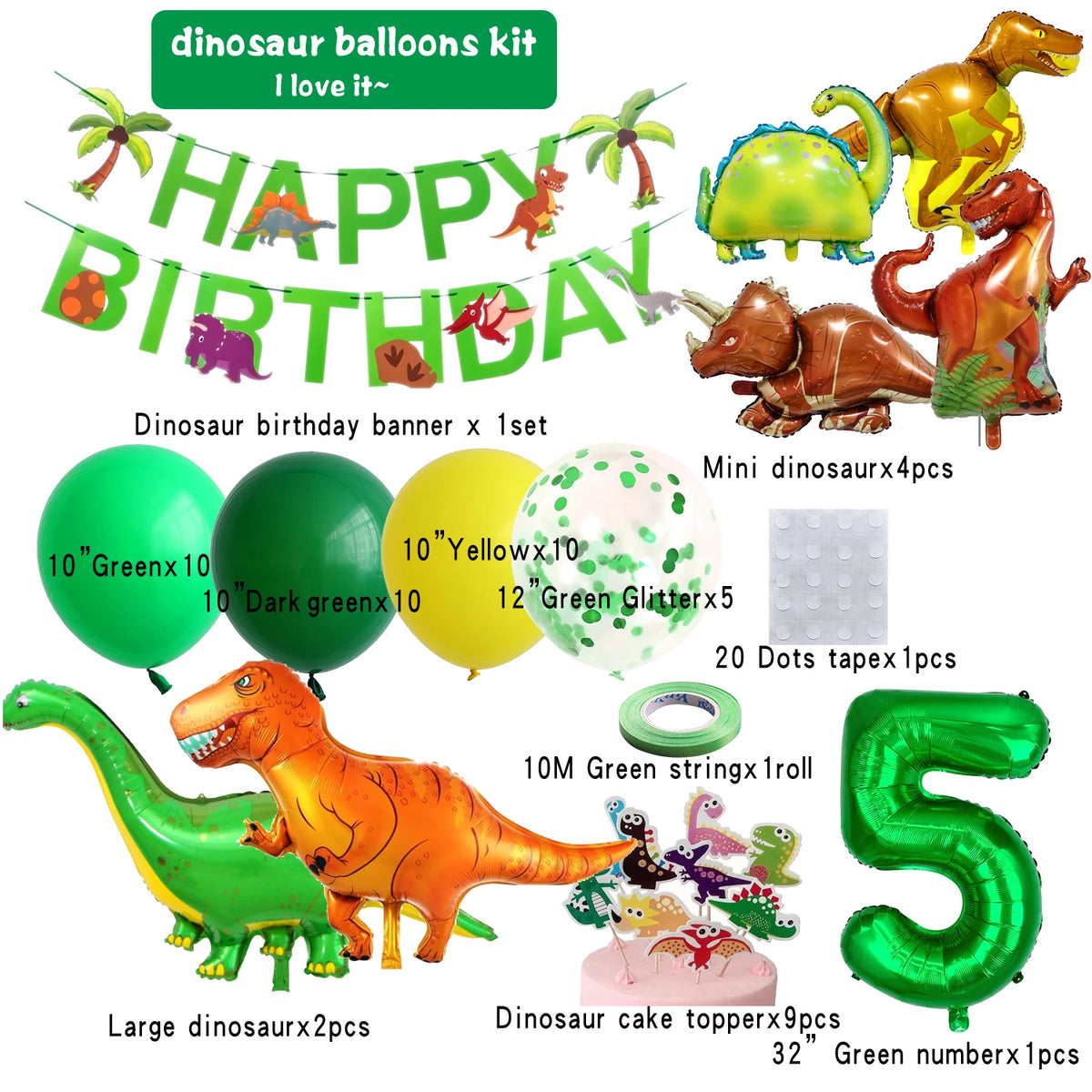 Dinosaur balloons kit featuring a banner, foil balloons in various colors, and a dinosaur cake topper.