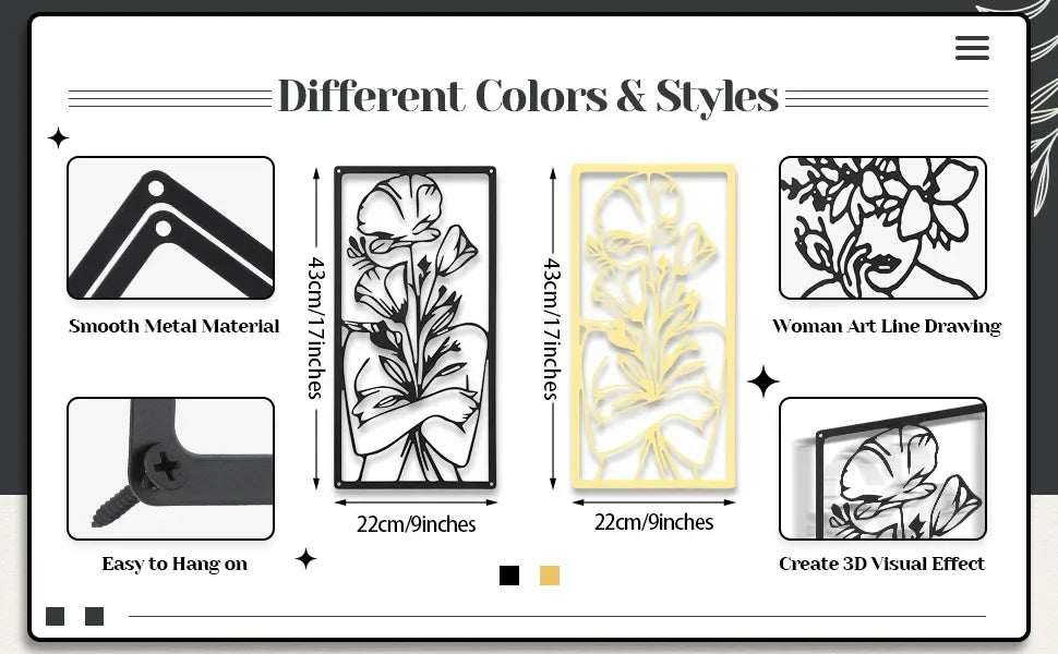 A set of four metal wall decor pieces featuring different colors and styles including smooth metal, woman art line drawing, a