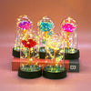 A collection of glass domes featuring vibrant, glowing roses and foliage illuminated by LED lights.
