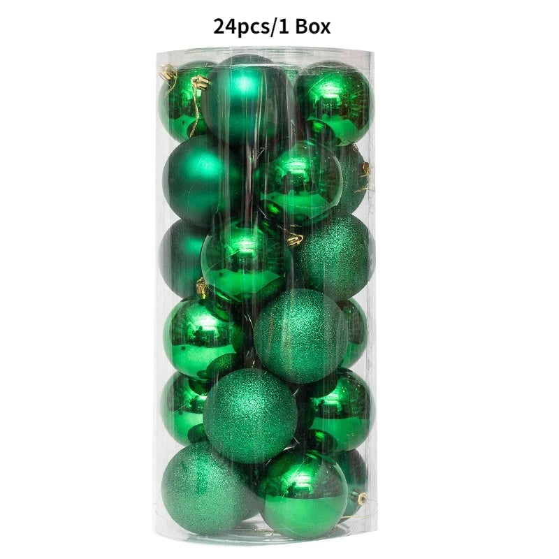 A clear plastic box containing 24 green festive Christmas tree ornament balls.