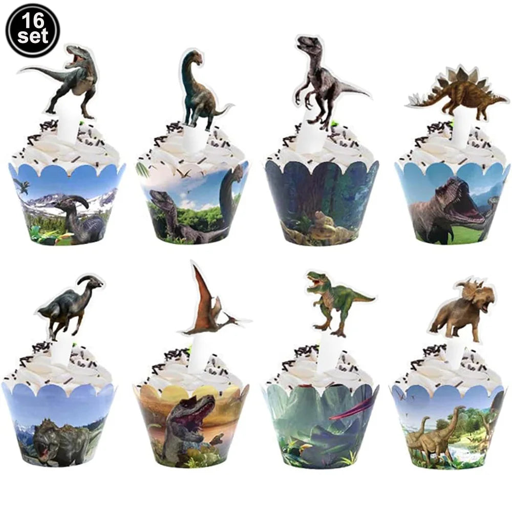A set of 16 dinosaur-themed cupcakes displayed in a tiered stand for party decoration.