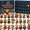 A box of a 24-day Christmas advent calendar featuring Highland cow figurines.