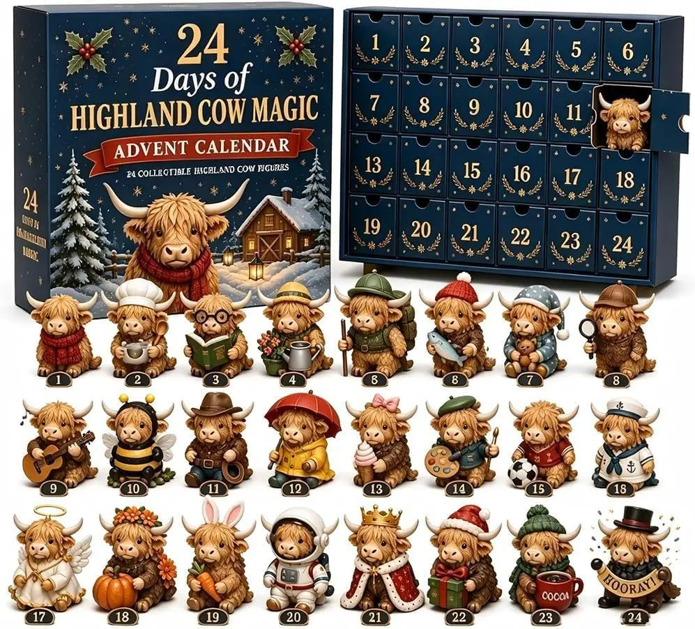 A box of a 24-day Christmas advent calendar featuring Highland cow figurines.
