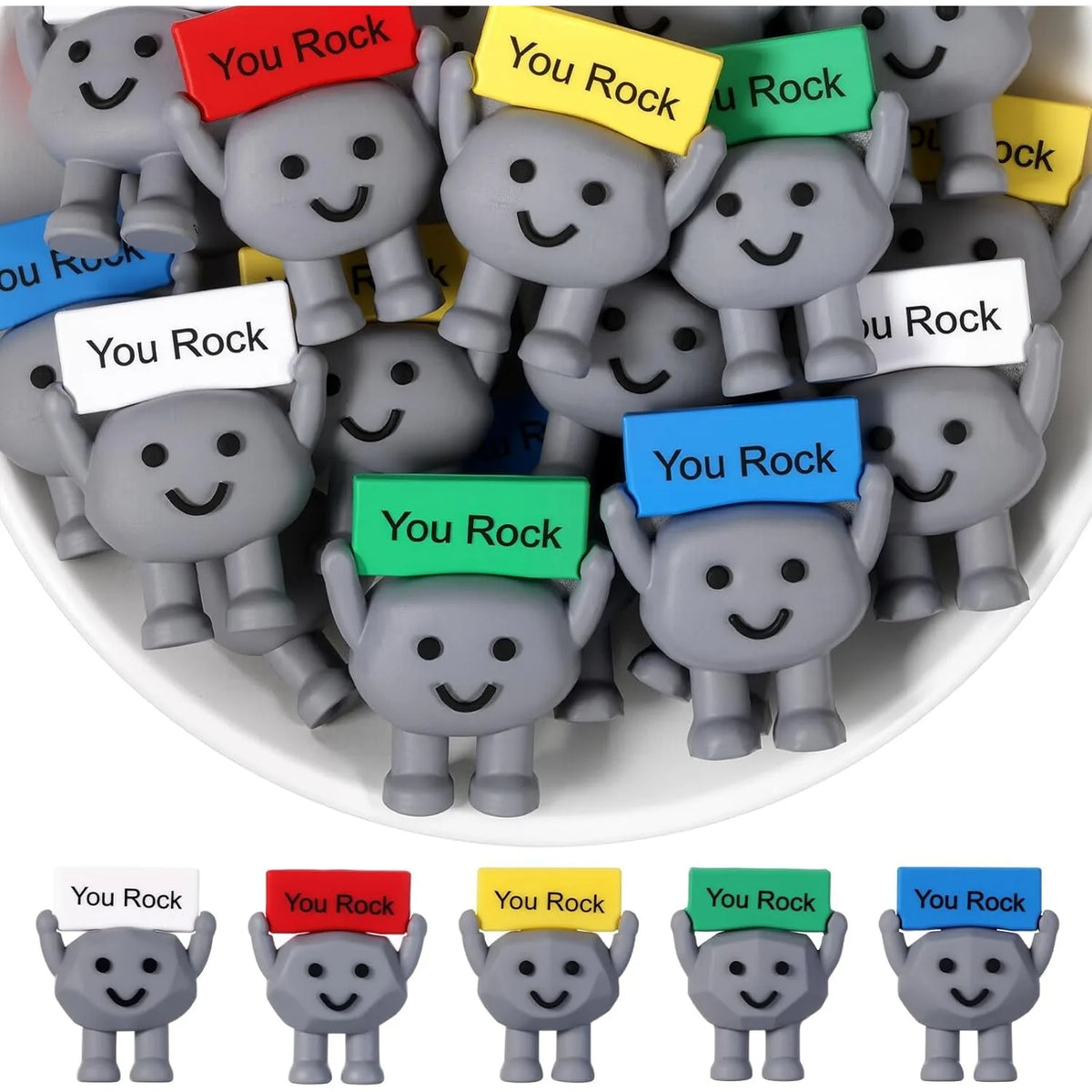 A collection of small gray mini figurines with faces expressing positive encouragement, packaged for desk decor.