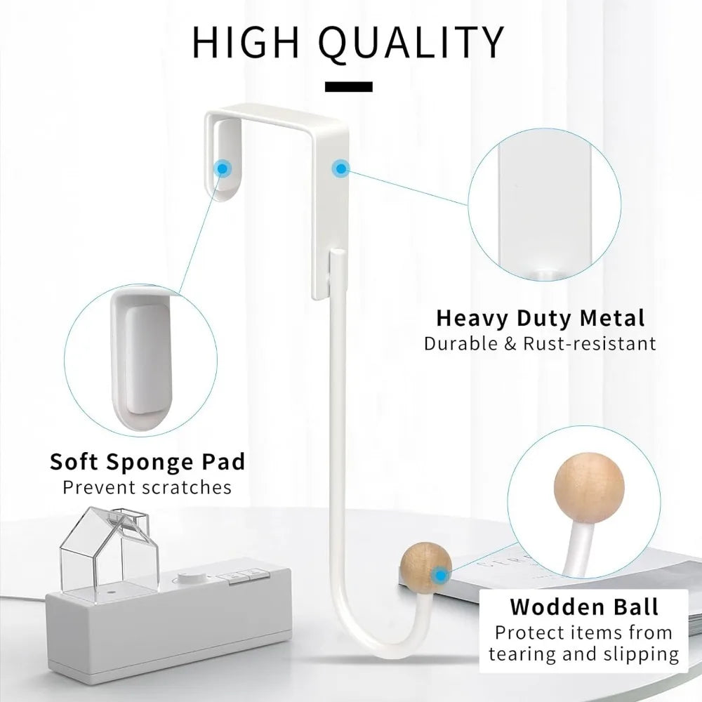A white over-the-door hook system featuring a soft sponge pad and a wooden ball for protection.