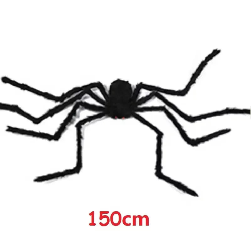 A large, black plush spider decoration with long legs.