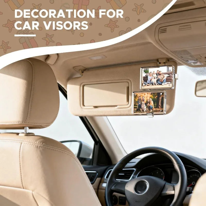 Interior view of a car showing magnetic acrylic photo holders mounted on the sun visor.