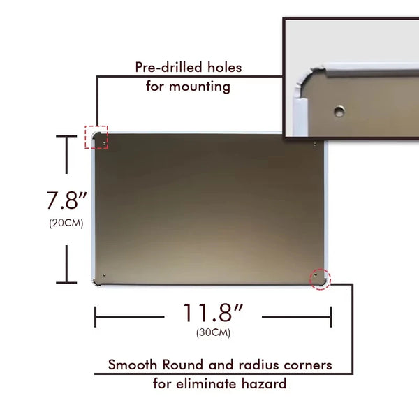 A rectangular metal tin sign with pre-drilled holes for mounting and smooth round corners.