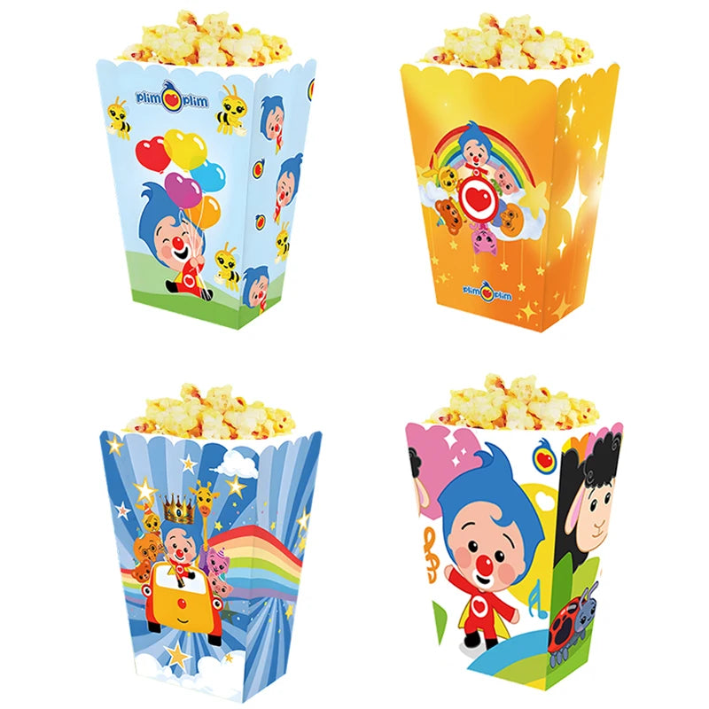 A set of colorful paper cups and decorations featuring a circus theme for a birthday party.
