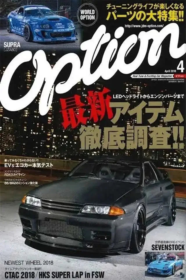 A poster advertising a tuning part called Option featuring a blue sports car and a black car.