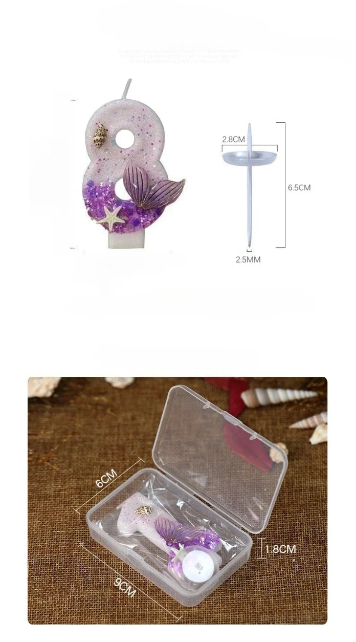 Purple mermaid tail shaped birthday candles decorated with starfish and flower on a clear plastic tray