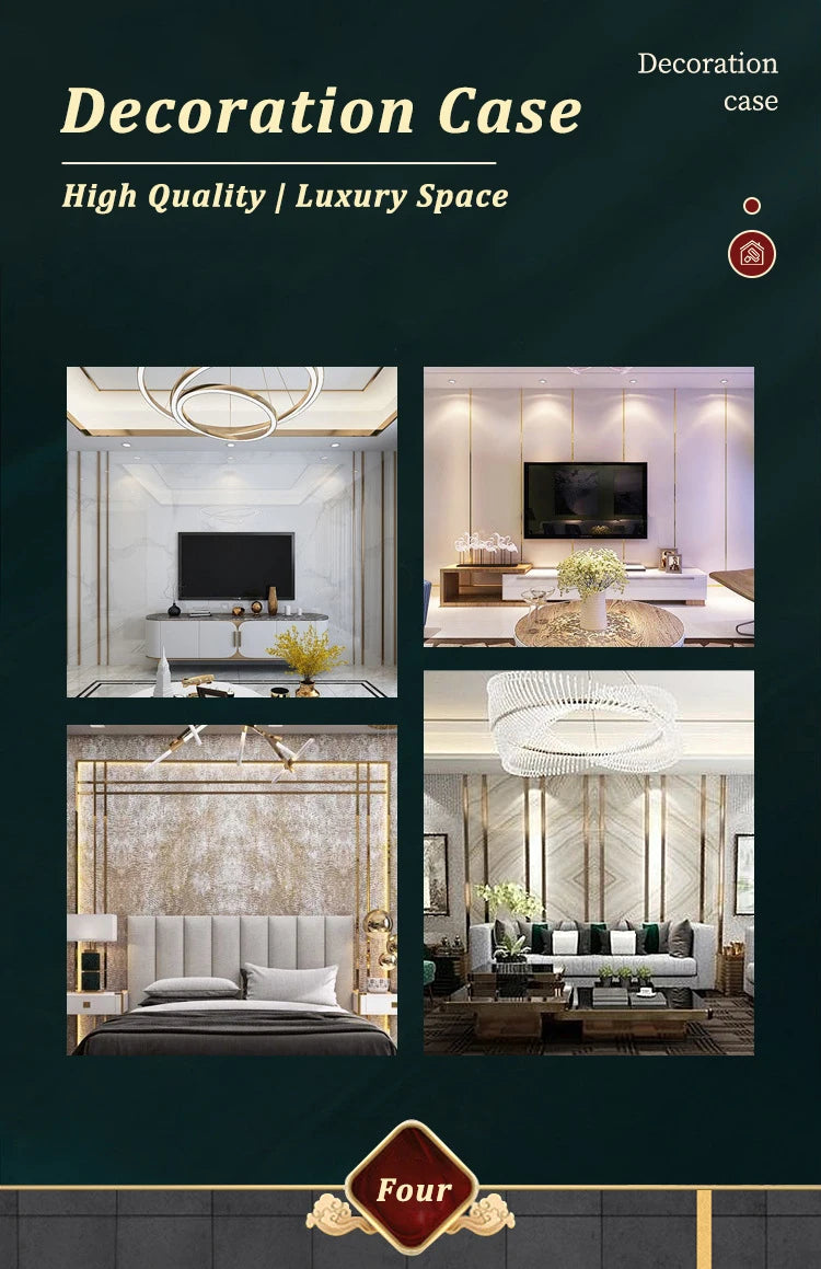 Decoration case showing a gold mirror self-adhesive stainless steel decorative wall trim product.