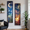 A vertical tapestry wall hanging featuring a crescent moon and celestial elements in blue, gold, and dark green tones.