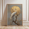 A painting of a white crane silhouetted against a large golden sun and bare branches on a muted background.