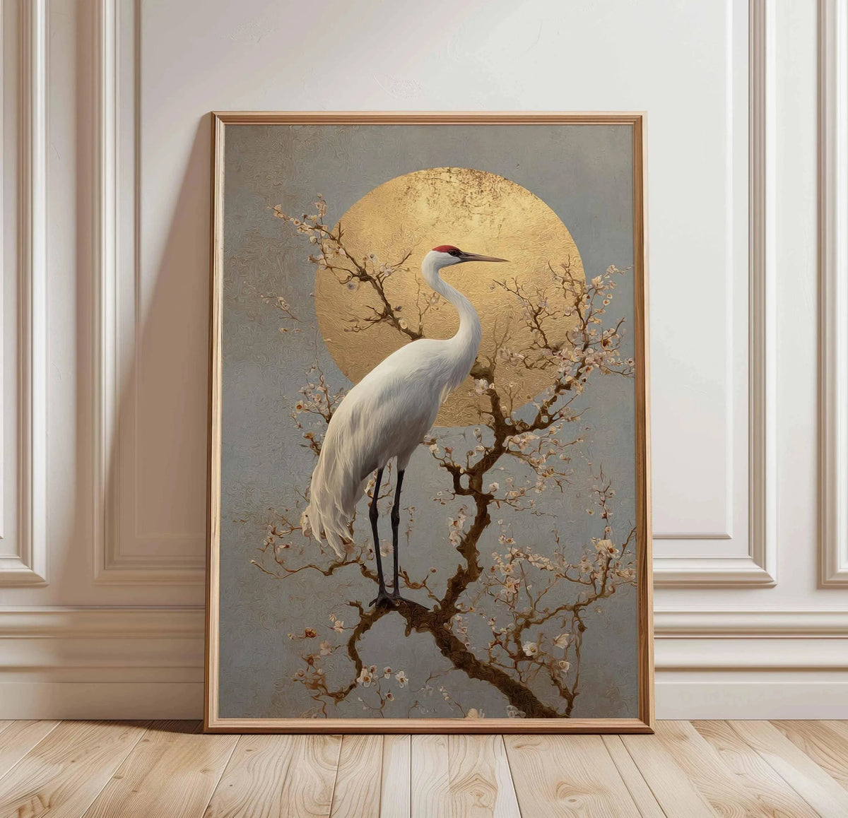 A painting of a white crane silhouetted against a large golden sun and bare branches on a muted background.