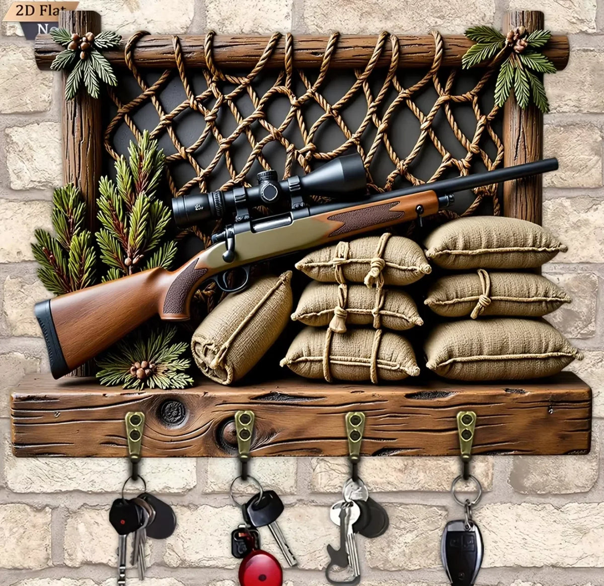 A vintage wooden key hook set displayed on a rustic wooden rack against a stone wall.