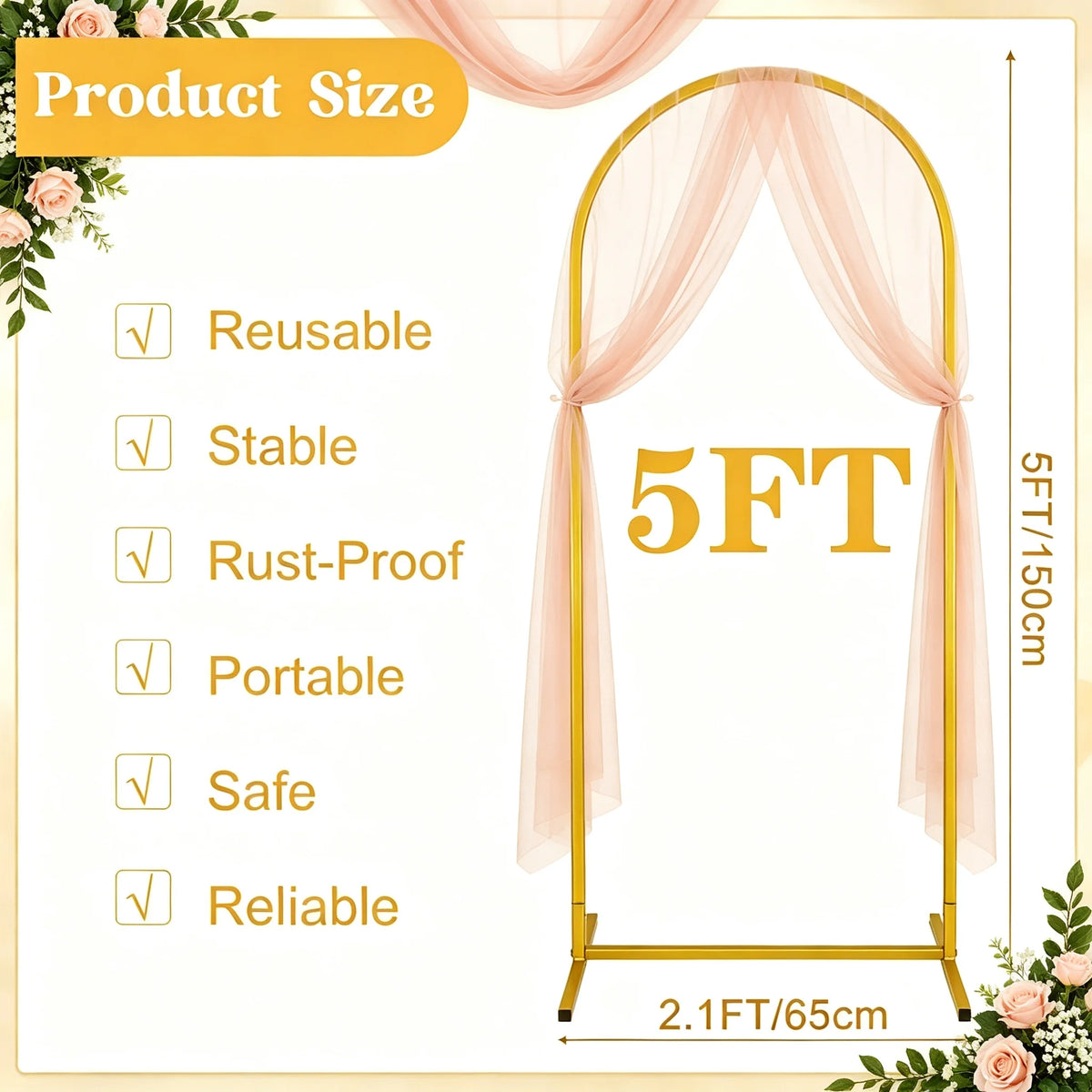 Gold metal arch backdrop stand for photography or events with sheer fabric draping
