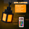 A black soul lantern with an illuminated light and a remote control for four modes of color changing.