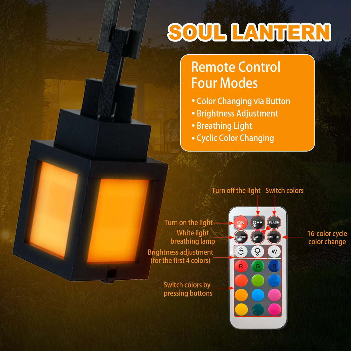 A black soul lantern with an illuminated light and a remote control for four modes of color changing.