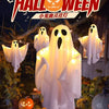 A white ghost figure with glowing eyes hangs outdoors against a dark background during Halloween night.