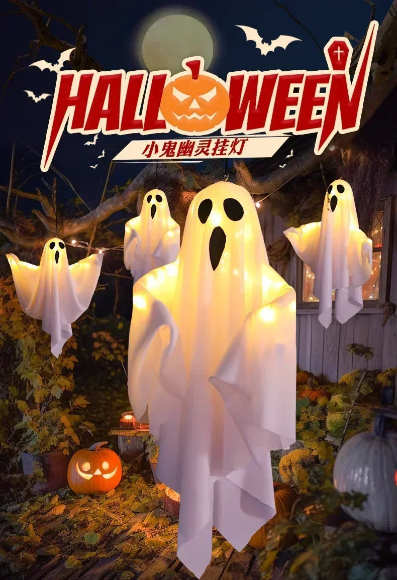 A white ghost figure with glowing eyes hangs outdoors against a dark background during Halloween night.