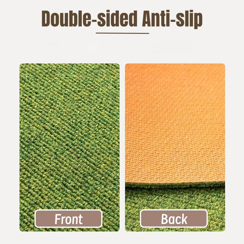 Double-sided anti-slip artificial grass carpet showing the green front and orange back