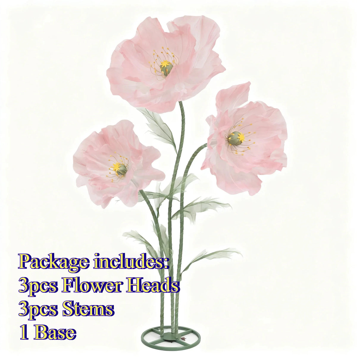 Three pink silk flower heads, stems, and a base arranged on a green stand.