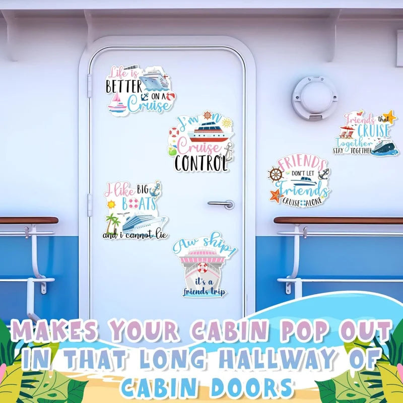 A set of magnetic cruise door decorations featuring friends and cruise themes for cabin doors