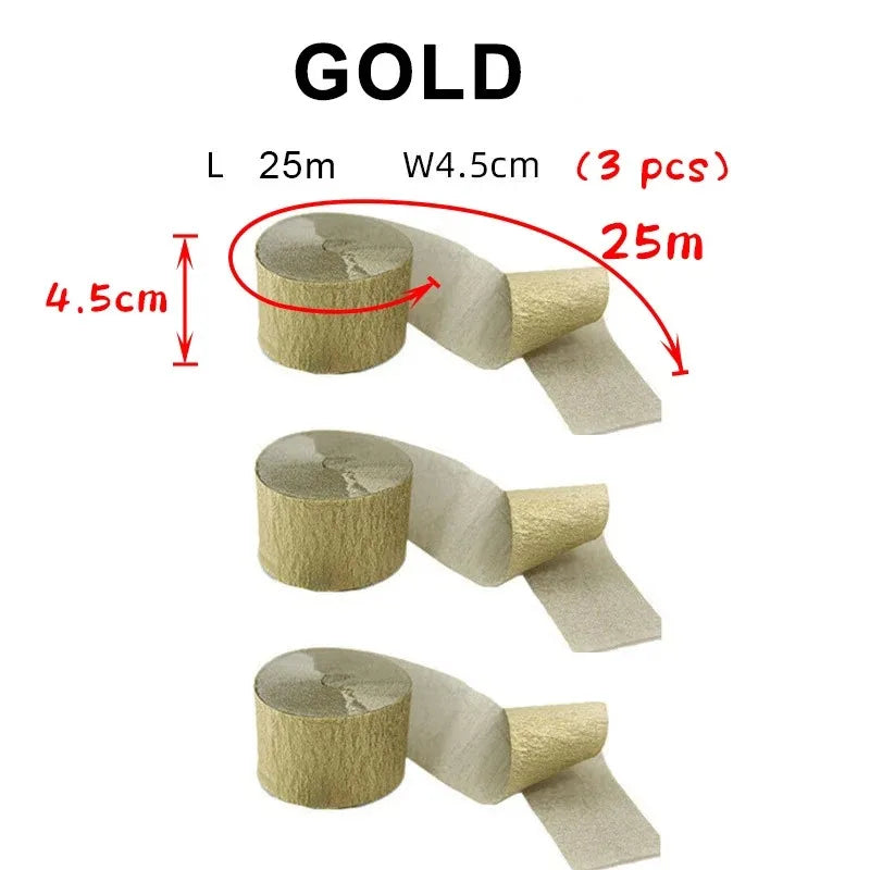 Ein Set goldener Crêpepapier-Girlanden, 25m lang und 4,5 cm breit, in verschiedenen Rollen.