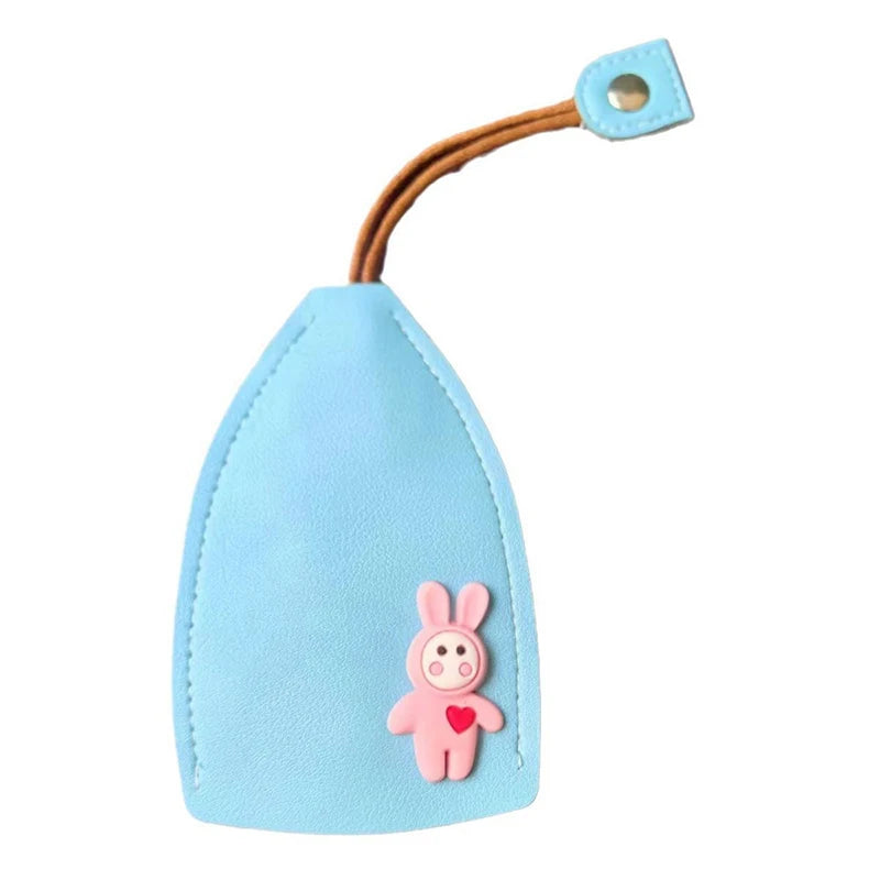A light blue cartoon rabbit key holder with a pull-out design and leather cord.