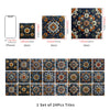 A set of 24 self-adhesive waterproof wall tiles featuring intricate floral and botanical patterns in blue, orange, and white 