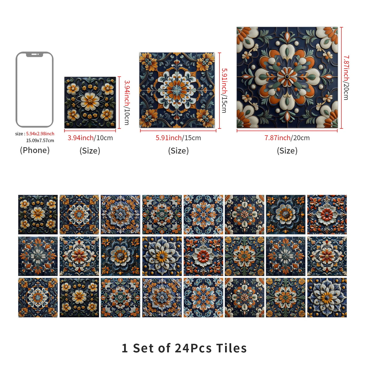 A set of 24 self-adhesive waterproof wall tiles featuring intricate floral and botanical patterns in blue, orange, and white 
