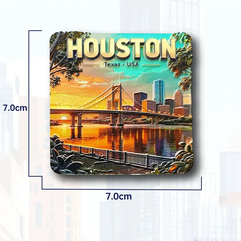 A magnet featuring a scenic view of the Houston skyline with the downtown skyline and a bridge at sunset.