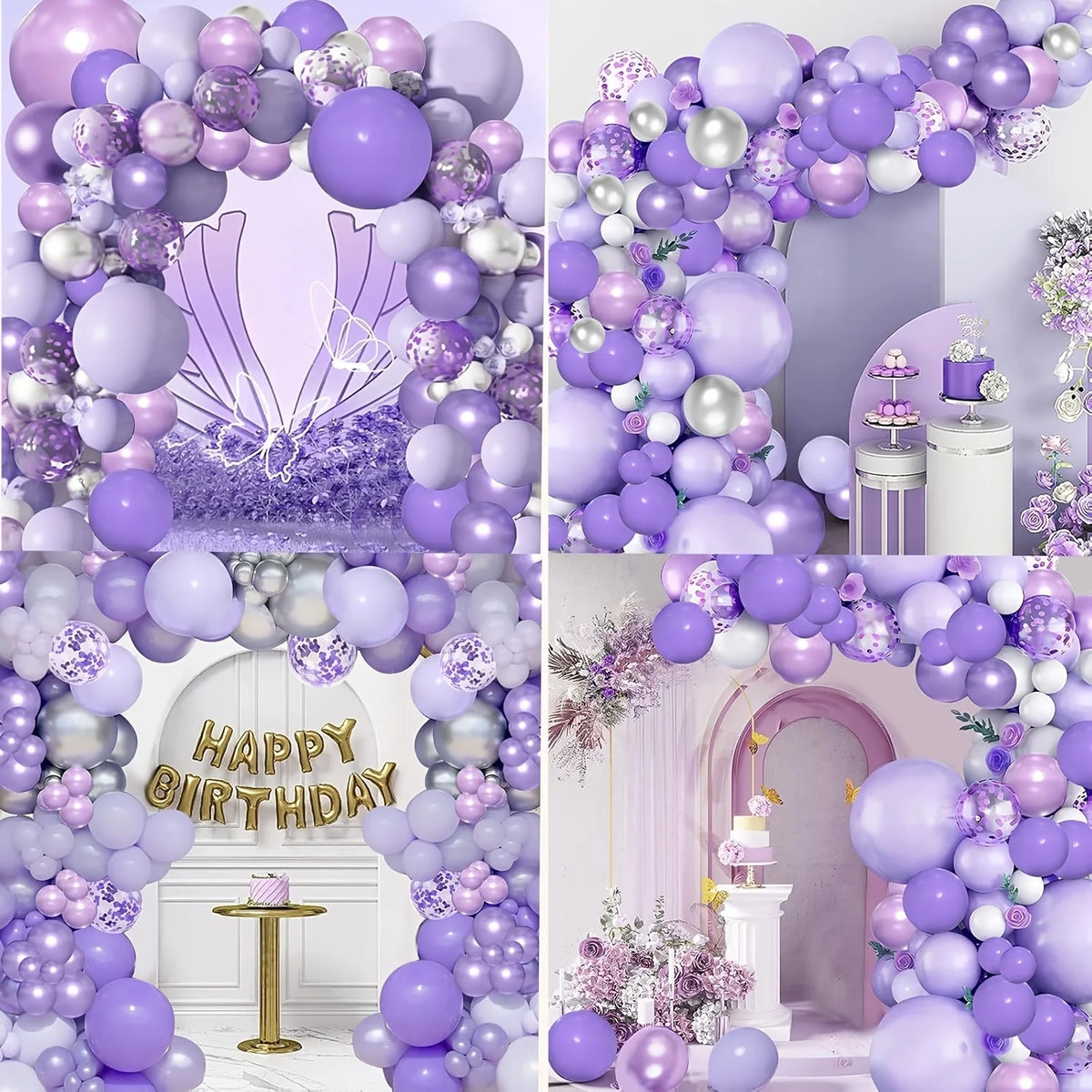 A purple and white metallic balloon garland arch kit featuring balloons in various shades and textures.