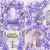 A purple and white metallic balloon garland arch kit featuring balloons and floral accents for a birthday decoration.